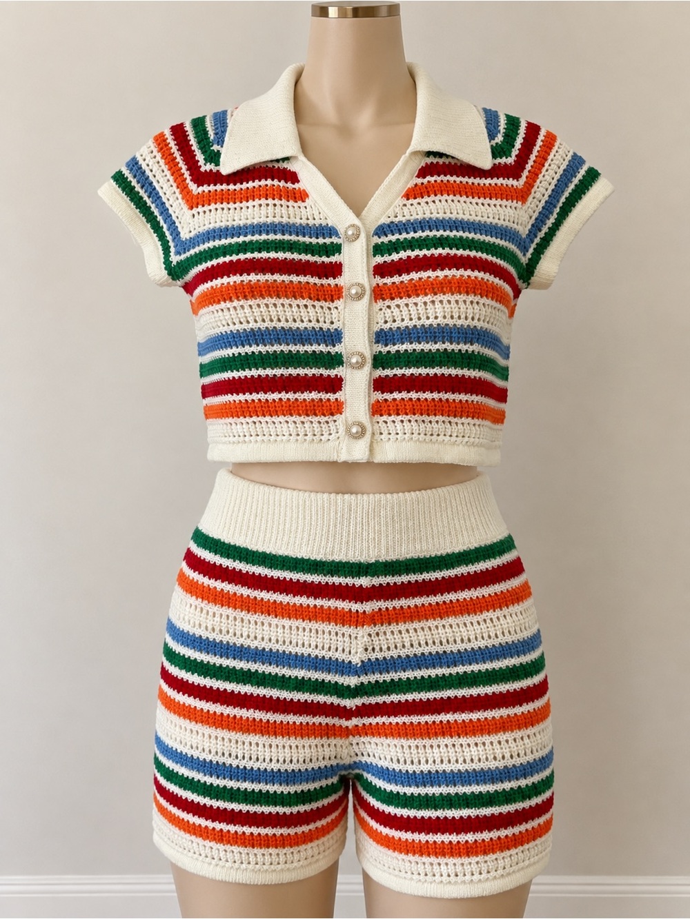Striped Crochet Knit Short Set - Cream with Red, Green & Blue